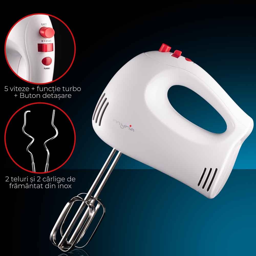 Mixer de mana MYRIA MY4112, 250W, 5 trepte viteza, alb 
