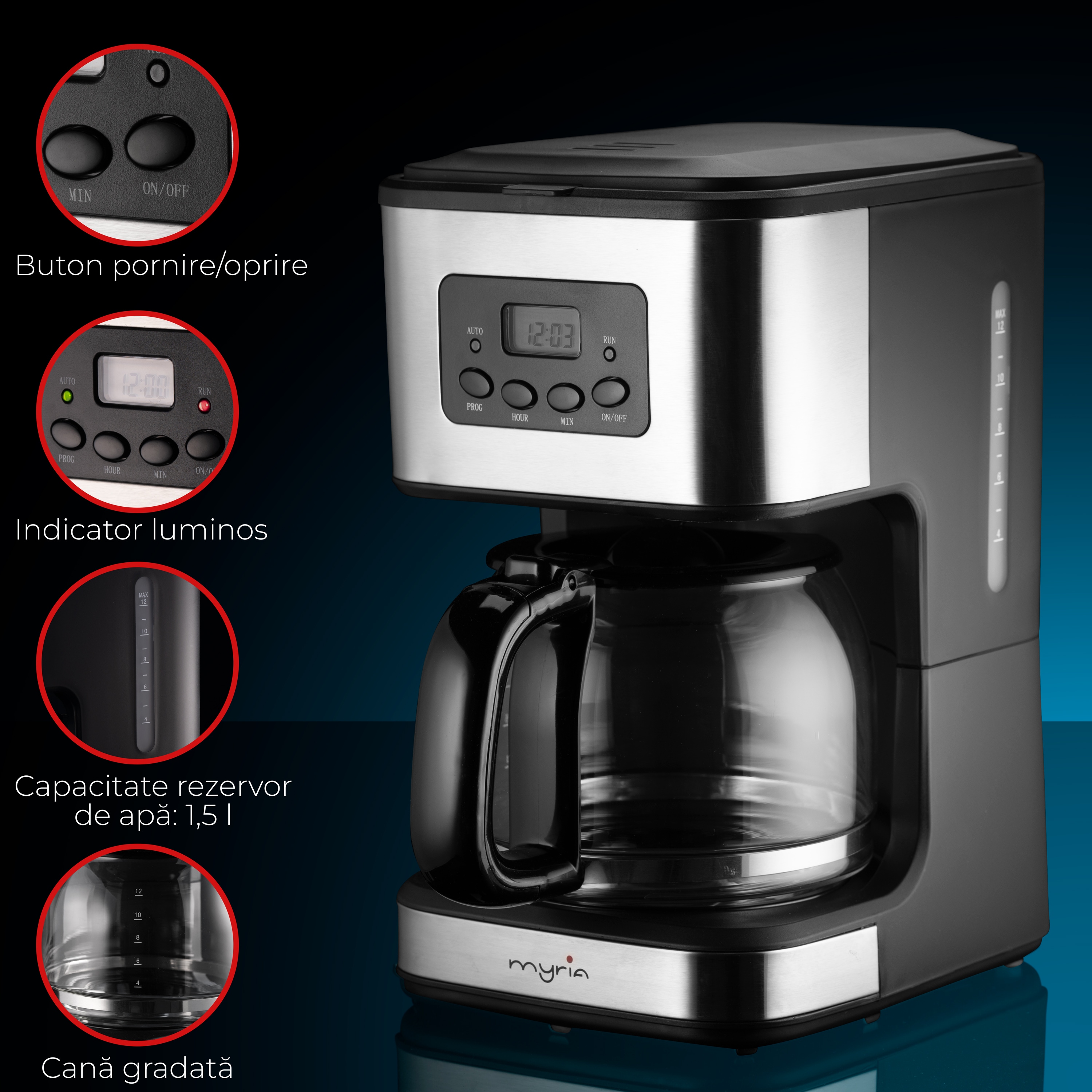 Cafetiera MYRIA MY4118, 1.5l, 900W, 12 cesti, negru-argintiu