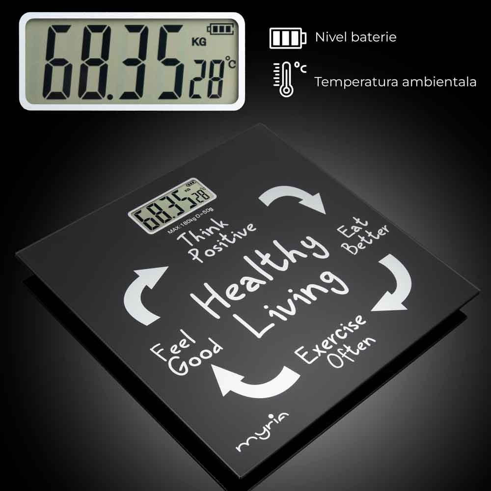 Cantar corporal MYRIA MY4805HL, 150kg, electronic, sticla securizata, negru