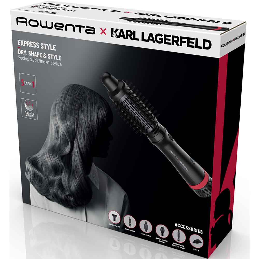Perie rotativa ROWENTA X Karl Lagerfeld CF634LF0, 800W, 3 viteze, 2 trepte temperatura, Invelis Keratina, negru-rosu