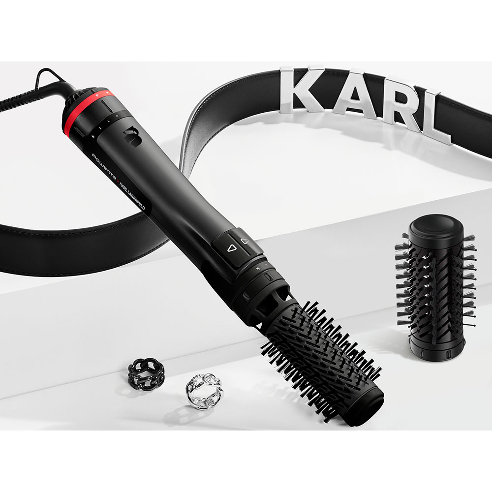 Perie rotativa ROWENTA X Karl Lagerfeld CF952LF0, 1000W, 2 viteze, 2 trepte temperatura, Invelis Keratina, negru-rosu