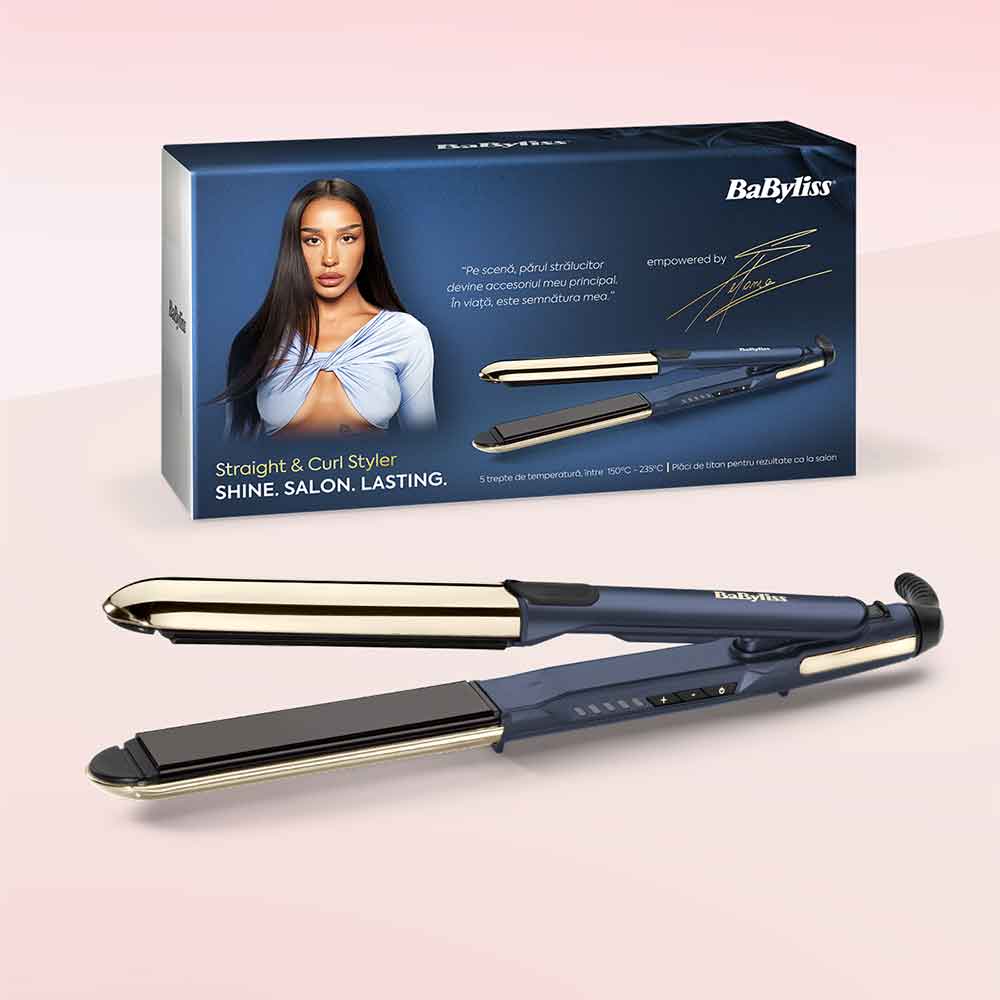 Placa de indreptat parul BABYLISS 2in1 Straight&Curl ST483ROE empowered by Stefania, 235 grade, invelis ceramic, albastru