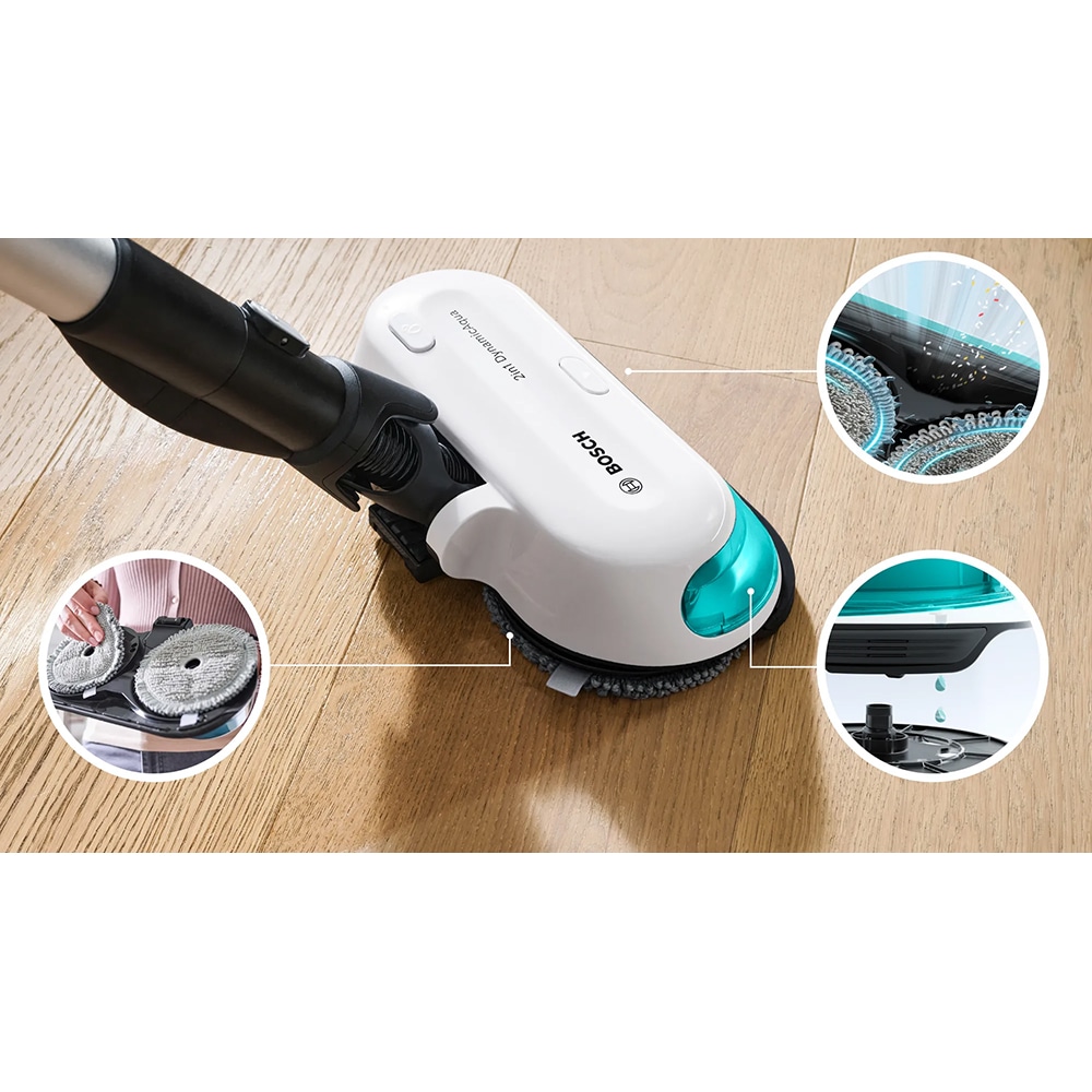 Aspirator vertical 2in1 BOSCH Unlimited 7 ProHygienic Aqua BCS71HYG3, 0.3l, 18V, autonomie max 40 min, alb-negru