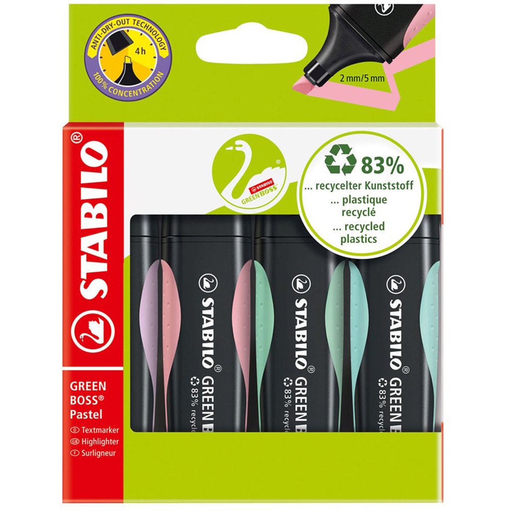 Set markere STABILO Boss Green Pastel, 4 bucati, multicolor