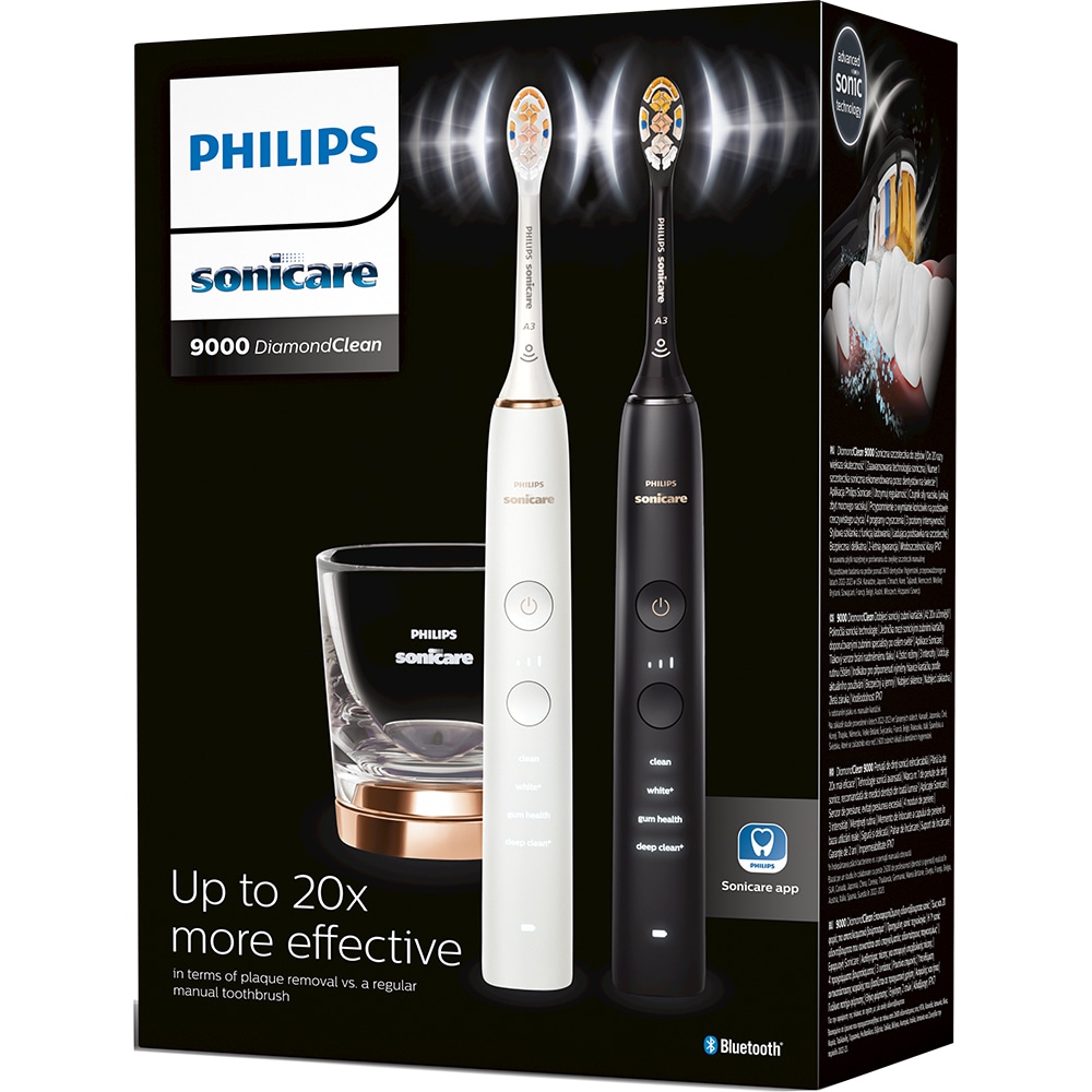 Set 2 Periute de dinti electrice PHILIPS Sonicare Diamond Clean HX9914/69, 62000 miscari/min, Curatare 3D, 4 programe, 2 capete, alb/negru