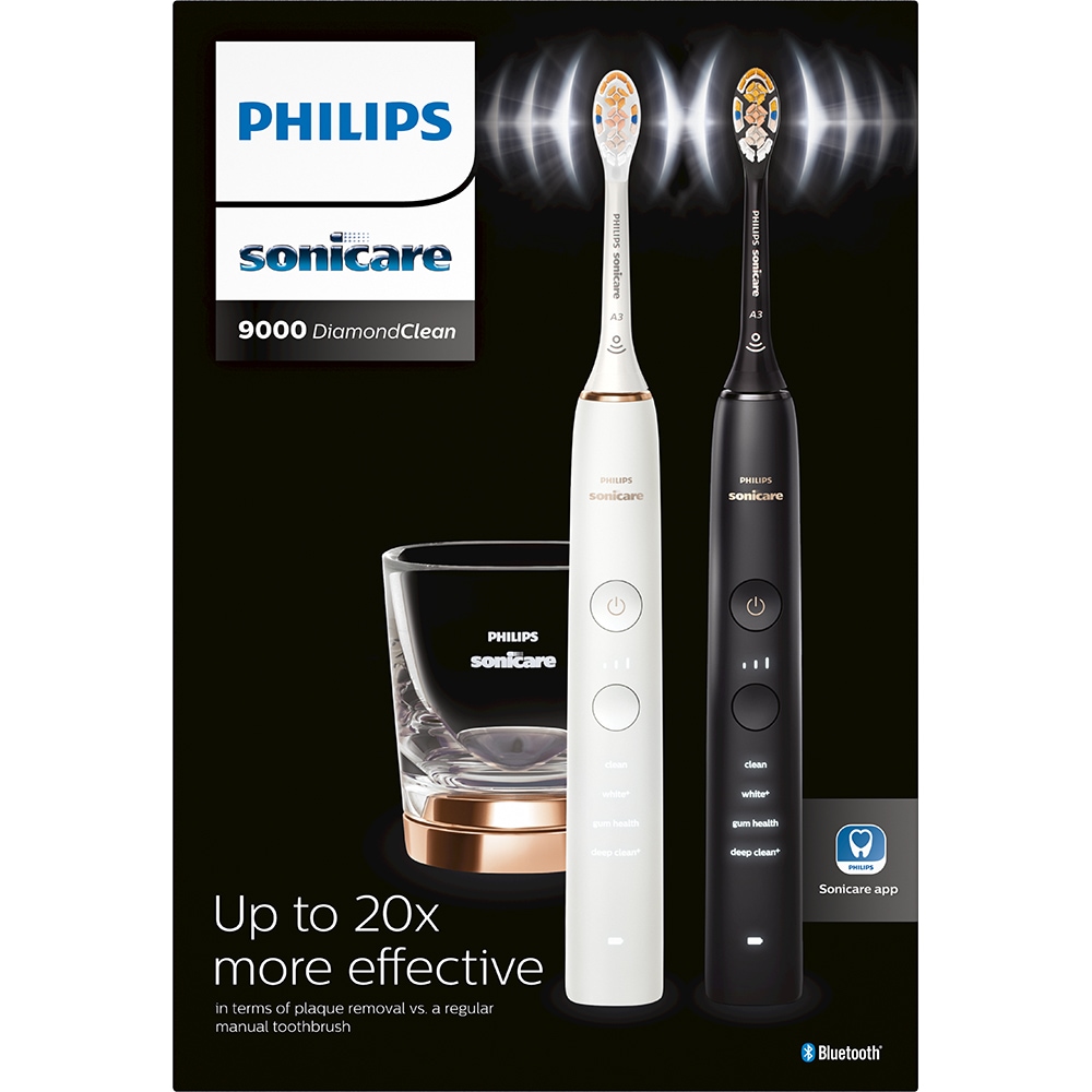 Set 2 Periute de dinti electrice PHILIPS Sonicare Diamond Clean HX9914/69, 62000 miscari/min, Curatare 3D, 4 programe, 2 capete, alb/negru
