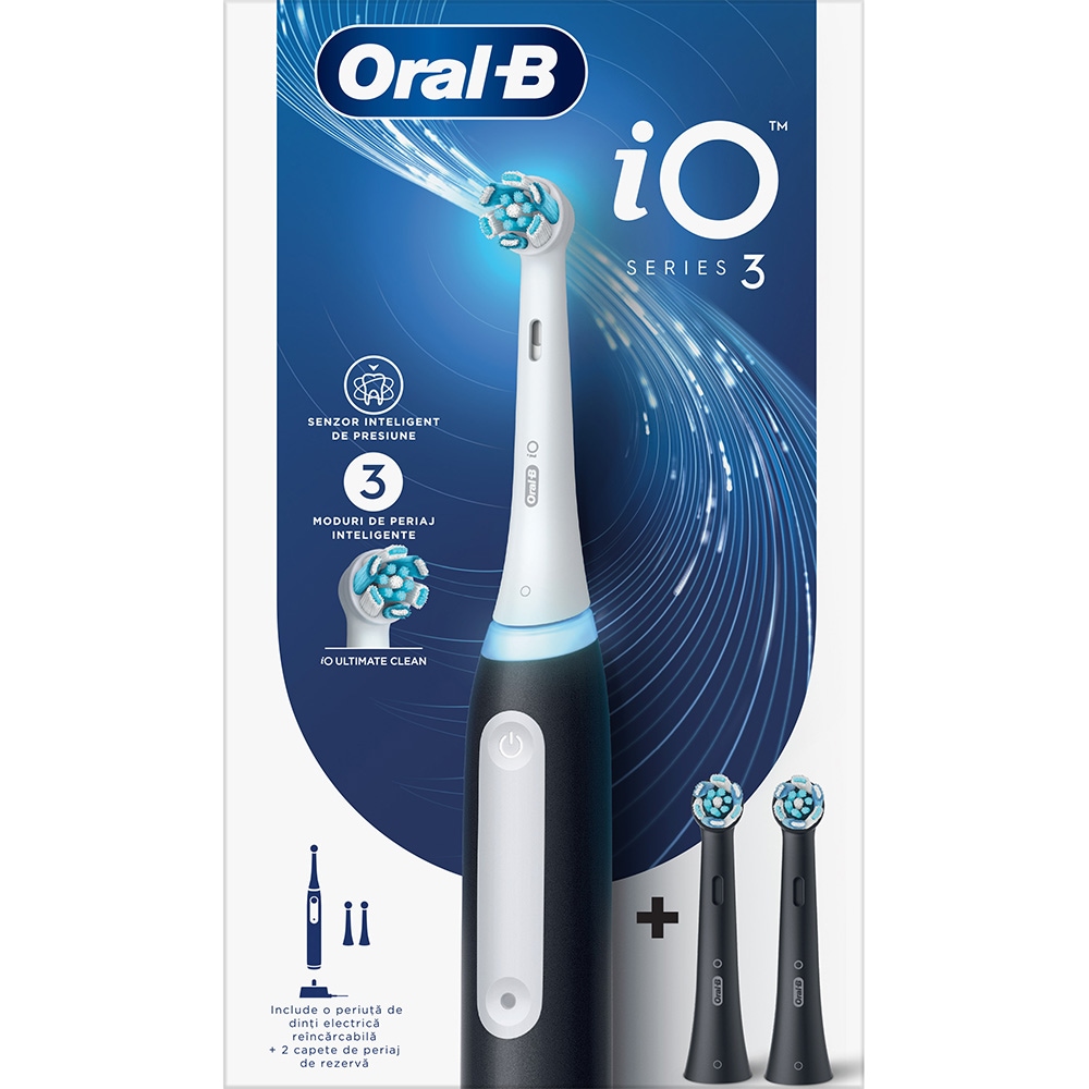 Periuta de dinti electrica ORAL-B IO3, 8800 miscari/min, Curatare 3D, 3 programe, 2 capete extra, negru