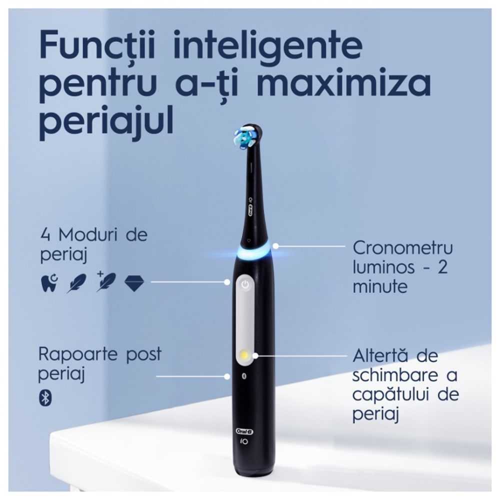 Periuta de dinti electrica ORAL-B iO4, Bluetooth, 40000 pulsatii/min, Curatare 3D, 4 programe, 1 capat, negru