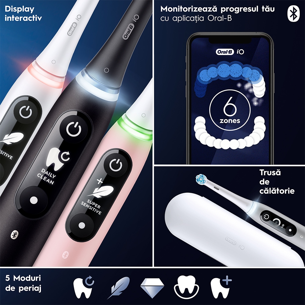 Periuta de dinti electrica ORAL-B iO6, Bluetooth, 8800 miscari/min, Curatare 3D, 5 programe, 1 capat, negru