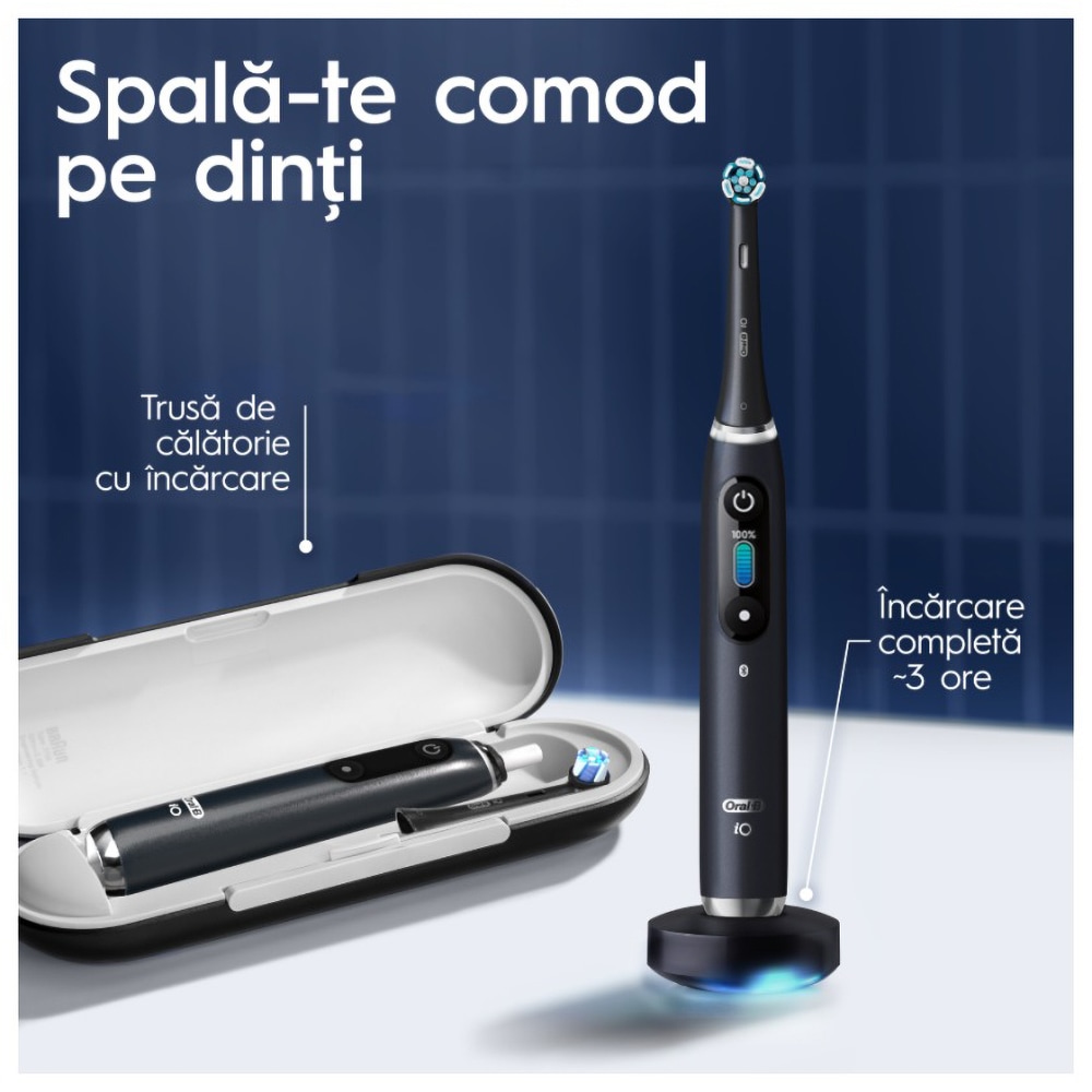 Set 2 Periute de dinti electrice ORAL-B iO9 , Tehnologie Magnetica si Micro-Vibratii, 8800 pulsatii/min, 7 moduri, 2 capete, trusa de calatorie, negru/roz