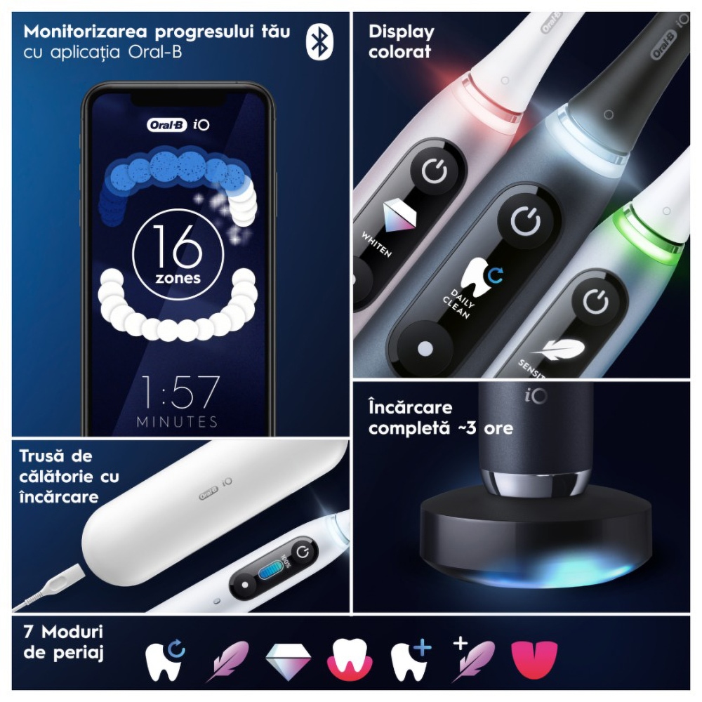 Set 2 Periute de dinti electrice ORAL-B iO9 , Tehnologie Magnetica si Micro-Vibratii, 8800 pulsatii/min, 7 moduri, 2 capete, trusa de calatorie, negru/roz