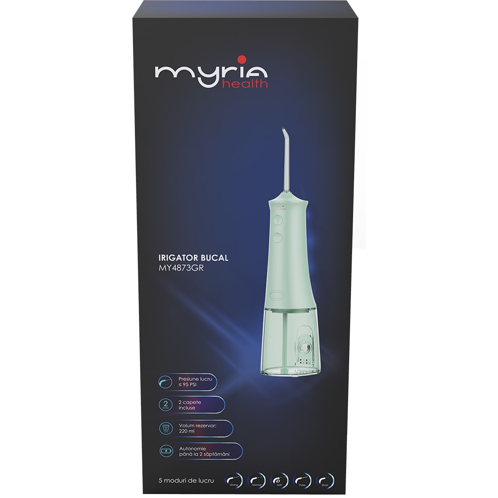 Irigator bucal MYRIA MY4873GR, 5 viteze, 2 capete, 220ml, verde