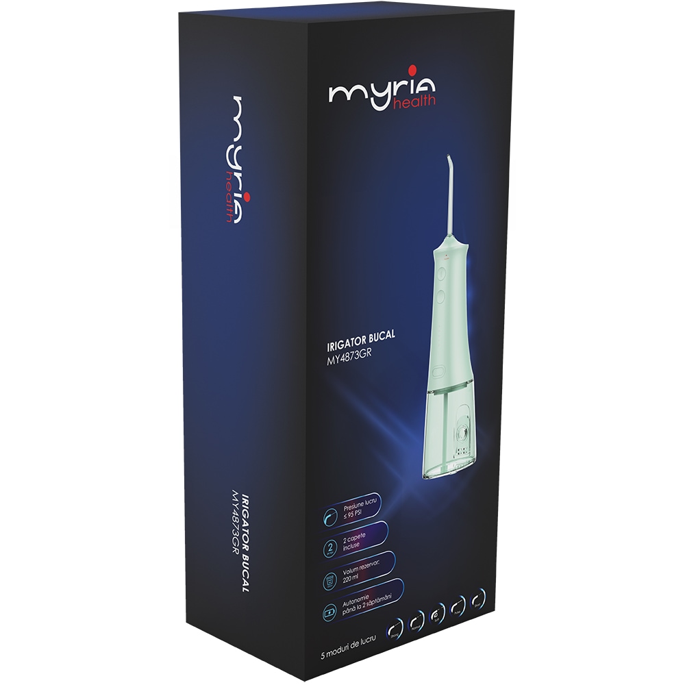 Irigator bucal MYRIA MY4873GR, 5 viteze, 2 capete, 220ml, verde
