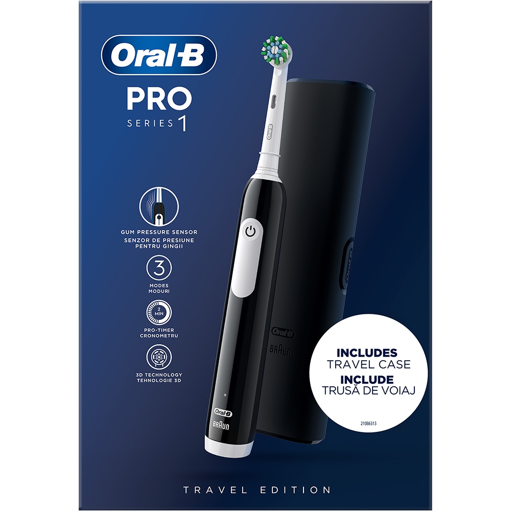 Periuta de dinti electrica ORAL-B Pro 1, 20000 pulsatii/min, Curatare 3D, Timer, 1 program, 1 capat, negru