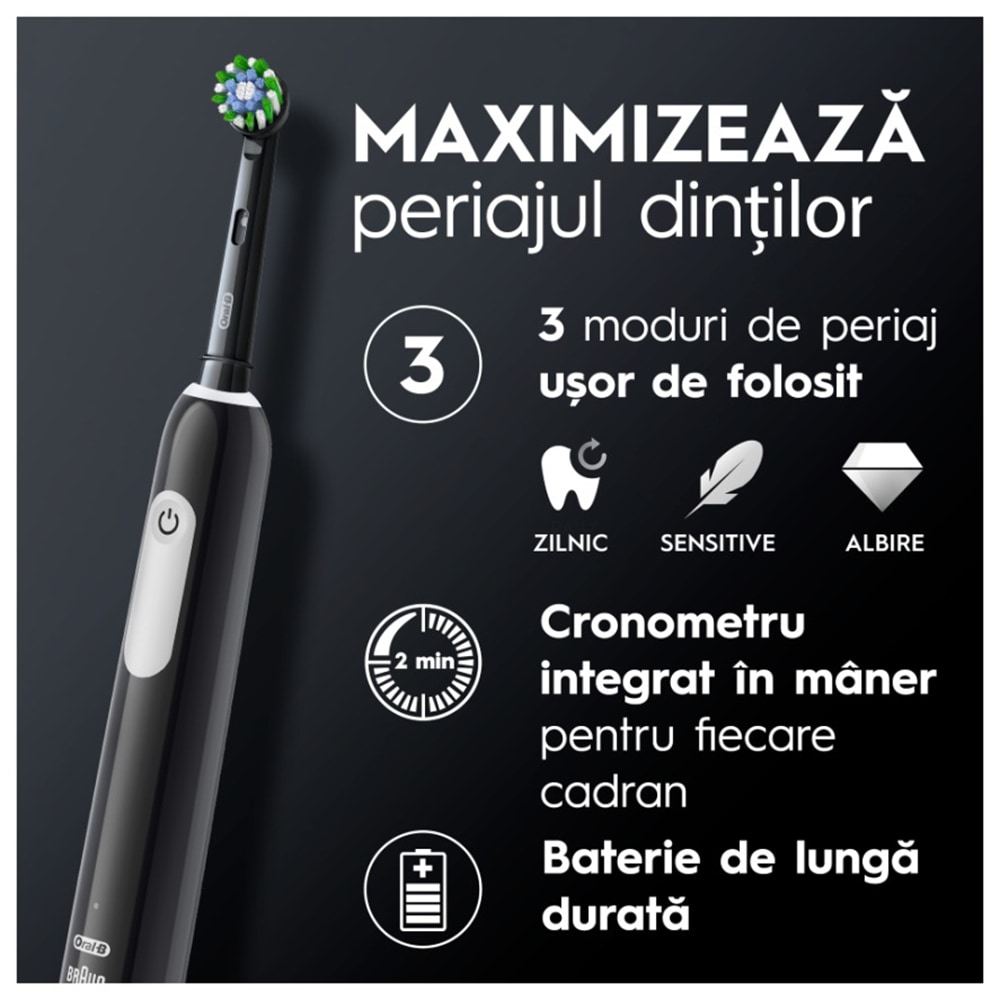 Periuta de dinti electrica ORAL-B Pro 1, 20000 pulsatii/min, Curatare 3D, Timer, 1 program, 1 capat, negru