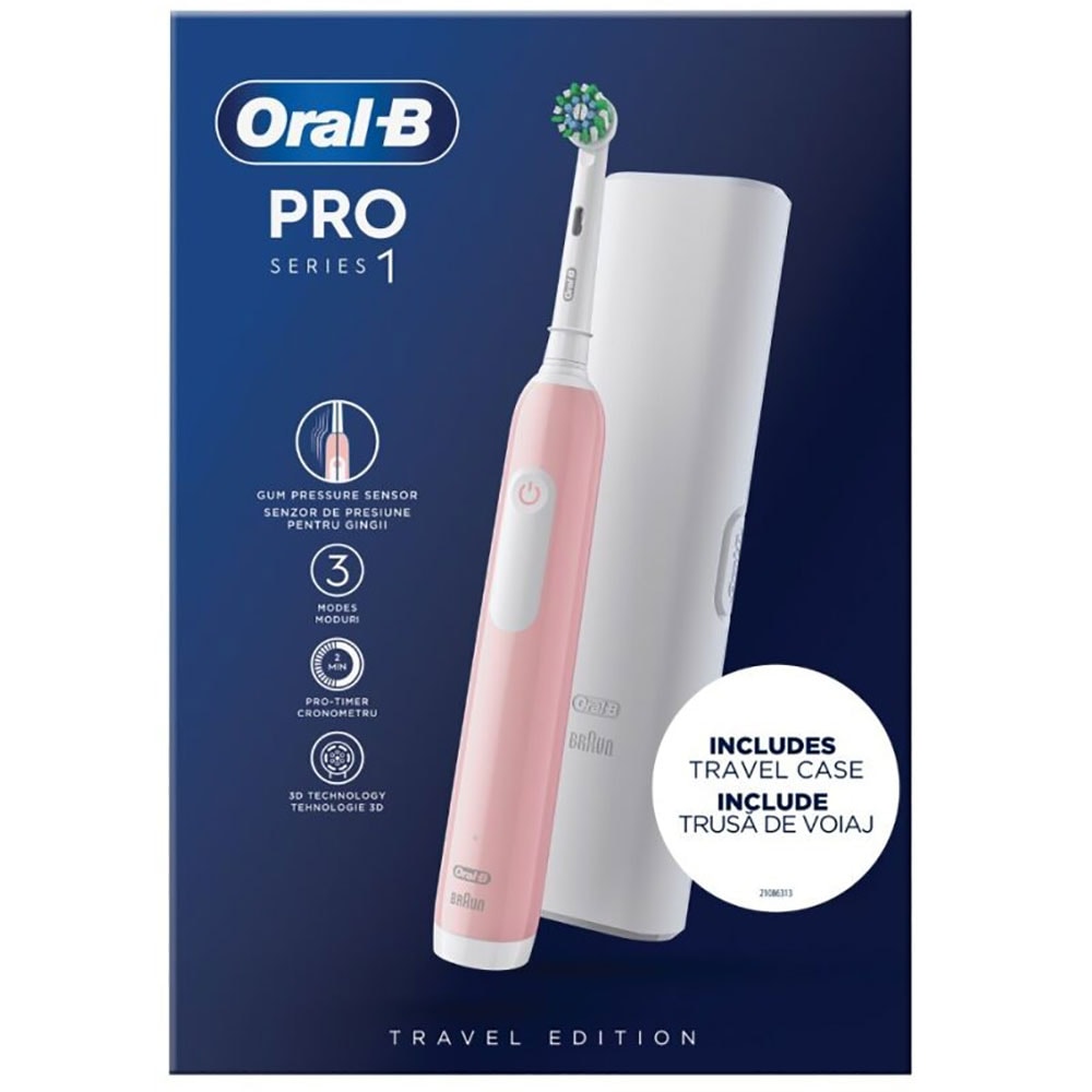 Periuta de dinti electrica ORAL-B Pro 1, 20000 pulsatii/min, Curatare 3D, Timer, 1 program, 1 capat, roz