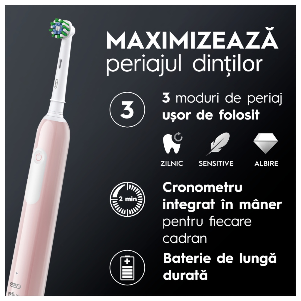 Periuta de dinti electrica ORAL-B Pro 1, 20000 pulsatii/min, Curatare 3D, Timer, 1 program, 1 capat, roz