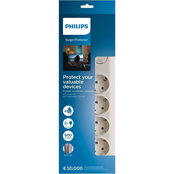 Prelungitor cu protectie PHILIPS SPN7040WA/58, 4 prize, 2m, Protectie copii, alb