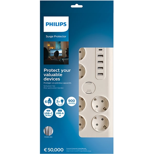 Prelungitor cu protectie PHILIPS SPN7060WA/58, 6 prize, 5 x USB, 2m, Protectie copii, alb