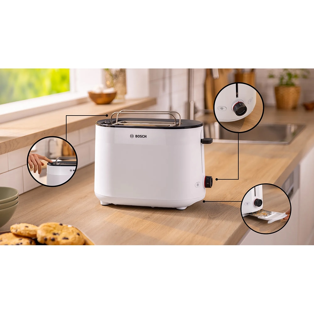Prajitor de paine BOSCH MyMoment TAT2M121, 2 felii, 950W, alb-negru