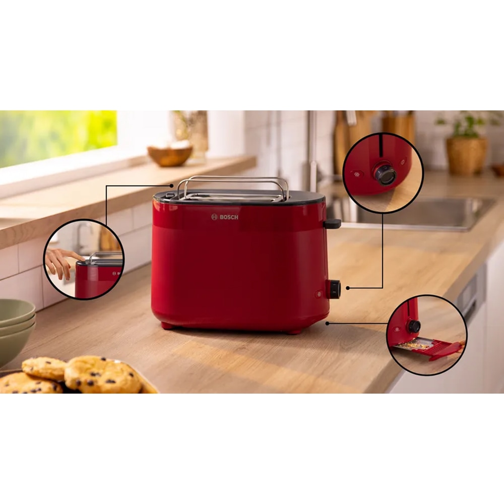 Prajitor de paine BOSCH MyMoment TAT2M124, 2 felii, 950W, rosu-gri inchis
