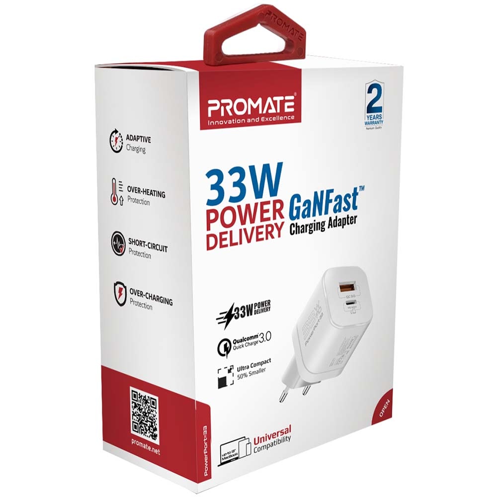 Incarcator retea PROMATE PowerPort-33, USB-C, GaN Fast Charging, Power Delivery (PD) 33W, alb