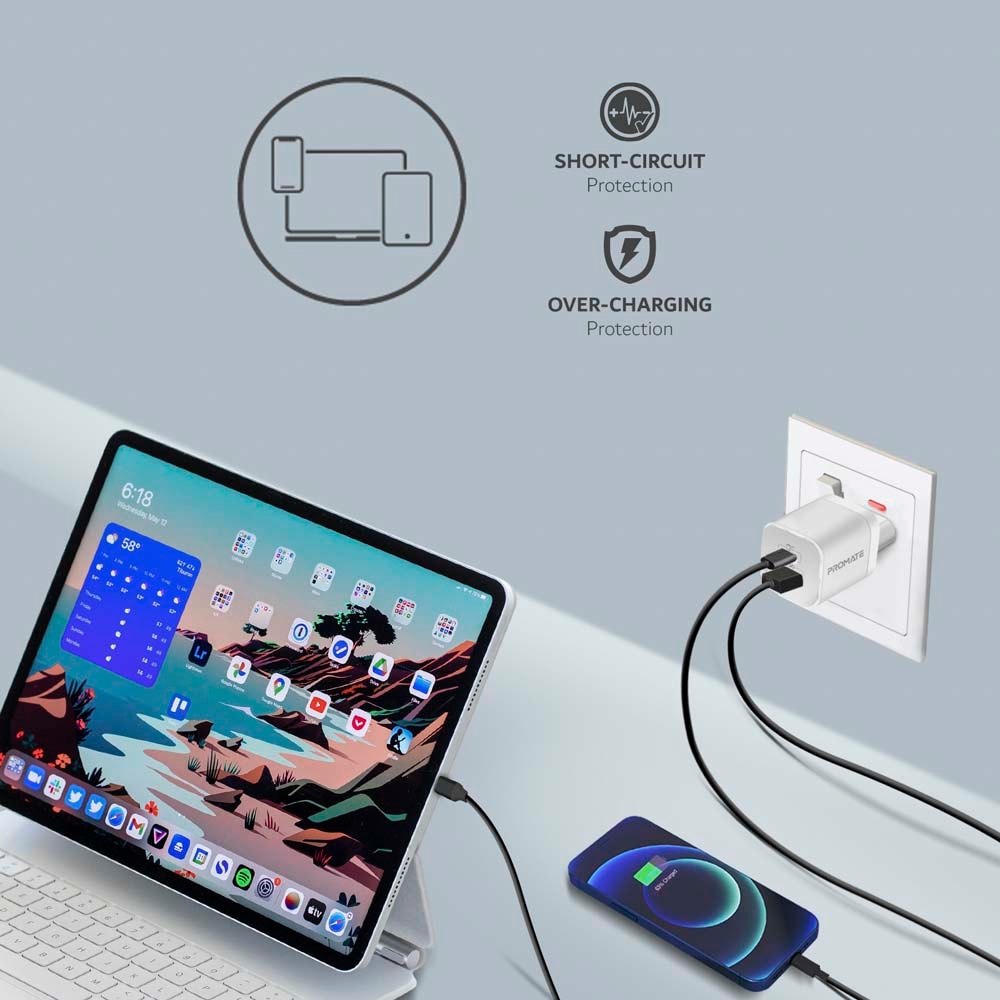 Incarcator retea PROMATE PowerPort-33, USB-C, GaN Fast Charging, Power Delivery (PD) 33W, alb
