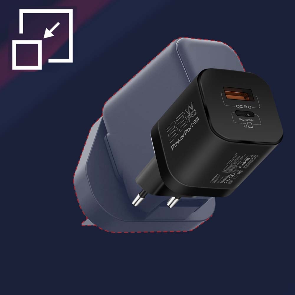 Incarcator retea PROMATE PowerPort-33, USB-C, GaN Fast Charging, Power Delivery (PD) 33W, negru