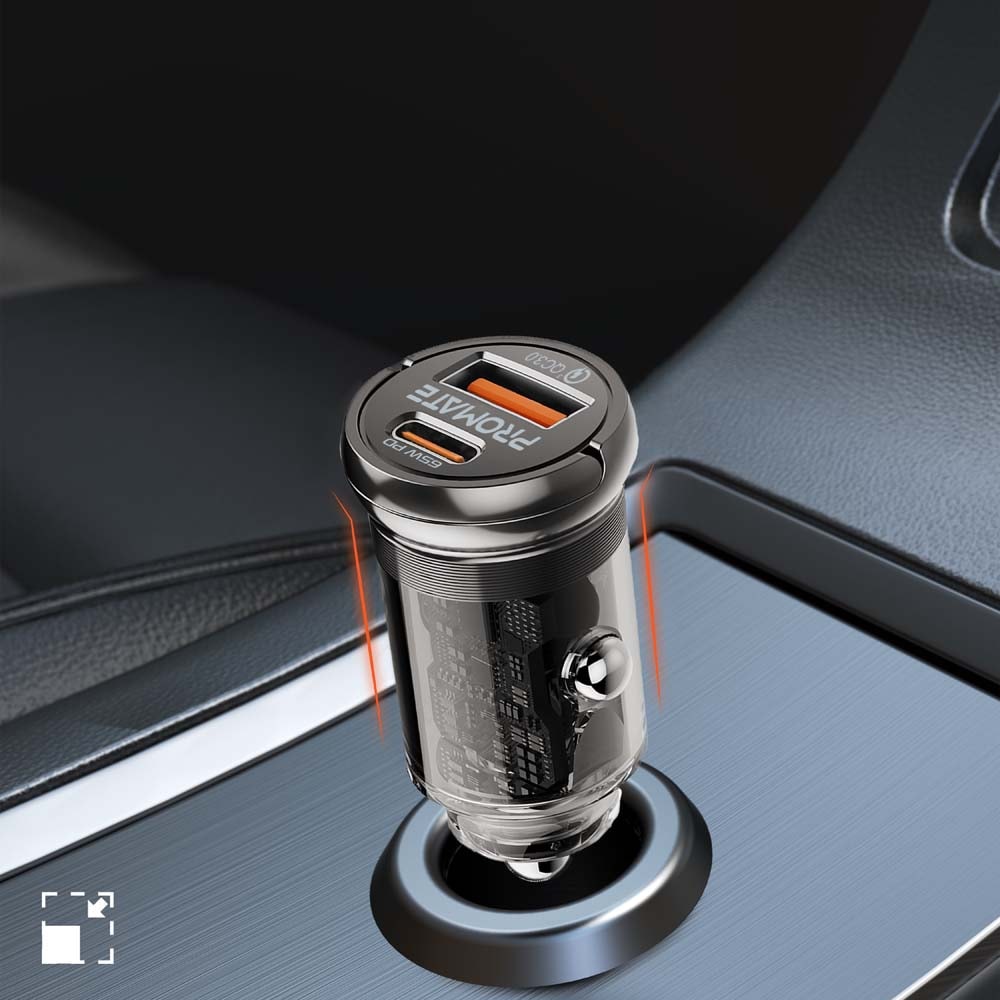Incarcator auto PROMATE TransDrive-65W, 1xUSB-C Power Delivery 65W, 1xUSB-A Quick Charge 18W, negru