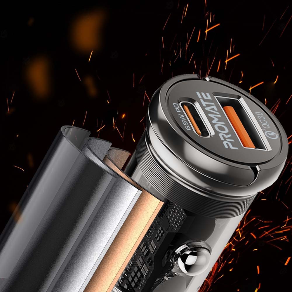 Incarcator auto PROMATE TransDrive-65W, 1xUSB-C Power Delivery 65W, 1xUSB-A Quick Charge 18W, negru