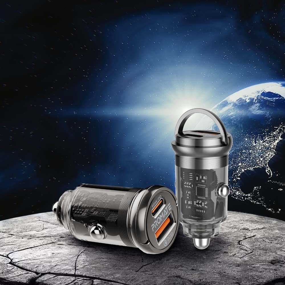 Incarcator auto PROMATE TransDrive-65W, 1xUSB-C Power Delivery 65W, 1xUSB-A Quick Charge 18W, negru