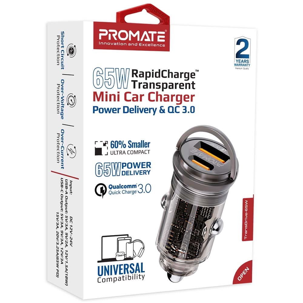 Incarcator auto PROMATE TransDrive-65W, 1xUSB-C Power Delivery 65W, 1xUSB-A Quick Charge 18W, negru