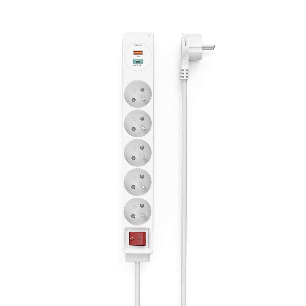 Prelungitor HAMA 133758, 5 prize Schuko, 1.4m, intrerupator, alb