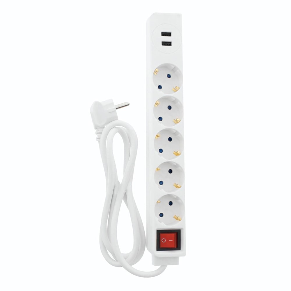 Prelungitor HAMA 9137350, 5 prize Schuko, 1.4m, 2 x USB, alb