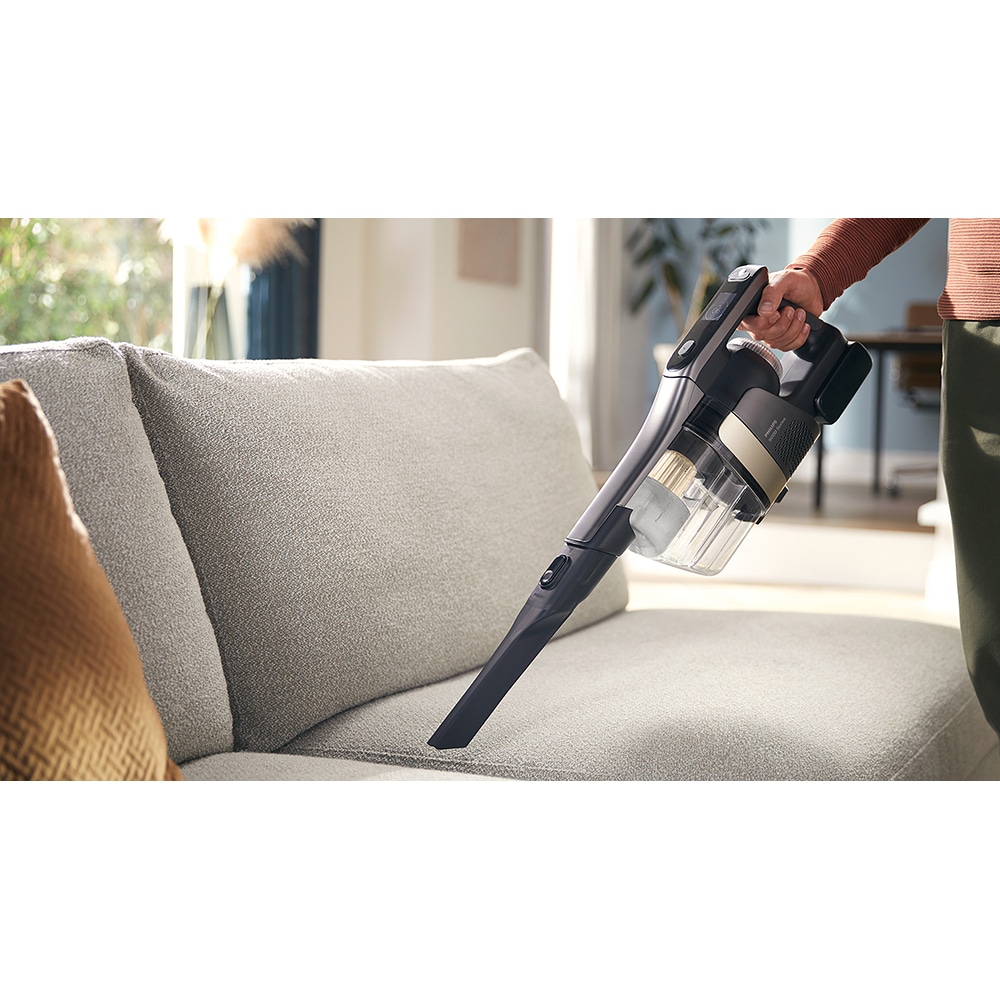 Aspirator vertical PHILIPS AquaTrio Seria 9000 XW9465/11, 0.84l, 25.2V, autonomie max 90 min, PowerCyclone Aqua, negru-alb