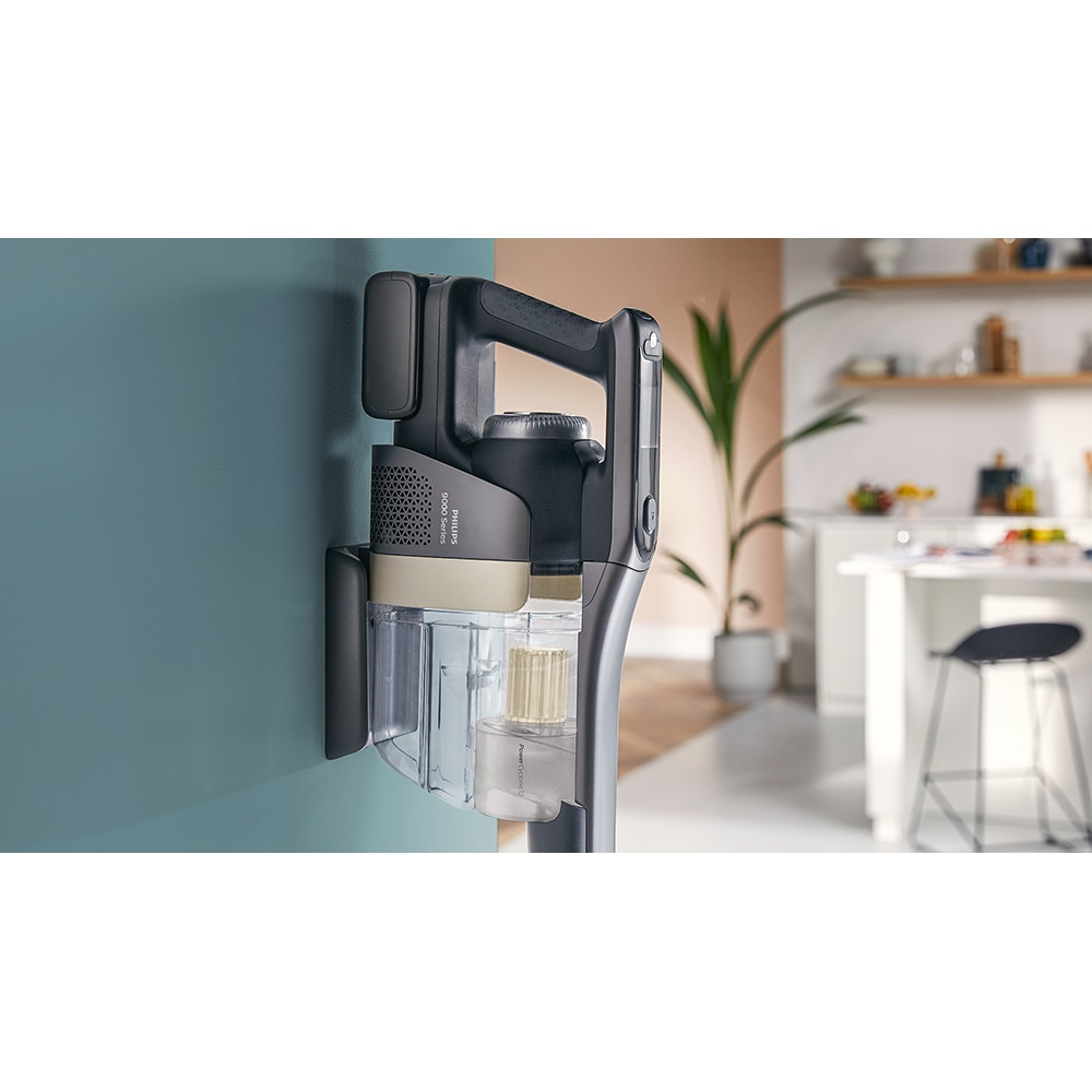 Aspirator vertical PHILIPS AquaTrio Seria 9000 XW9465/11, 0.84l, 25.2V, autonomie max 90 min, PowerCyclone Aqua, negru-alb