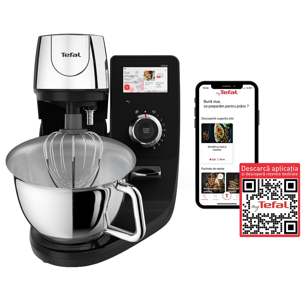 Robot de bucatarie TEFAL I-Coach Touch QB951838, vas 5.5l, 1200W, 10 trepte viteza, negru-argintiu