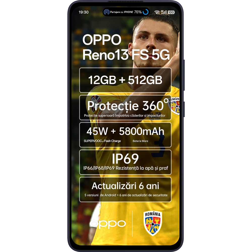 Telefon OPPO Reno13 FS 5G, 512GB, 12GB RAM, Dual SIM, Luminous Blue