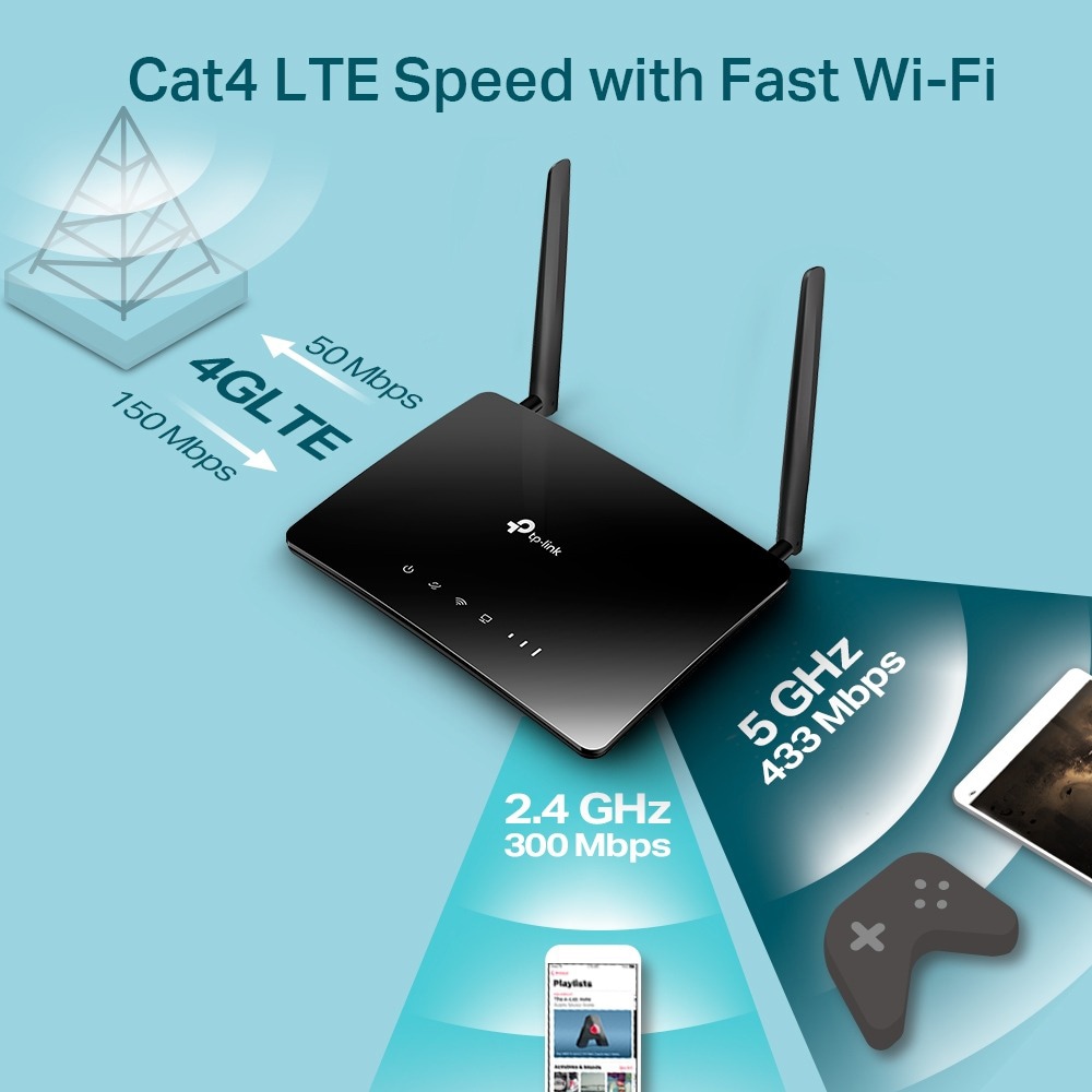 Router Wireless Gigabit TP-LINK Archer MR200 AC750, Dual-Band 300 + 433 Mbps, negru