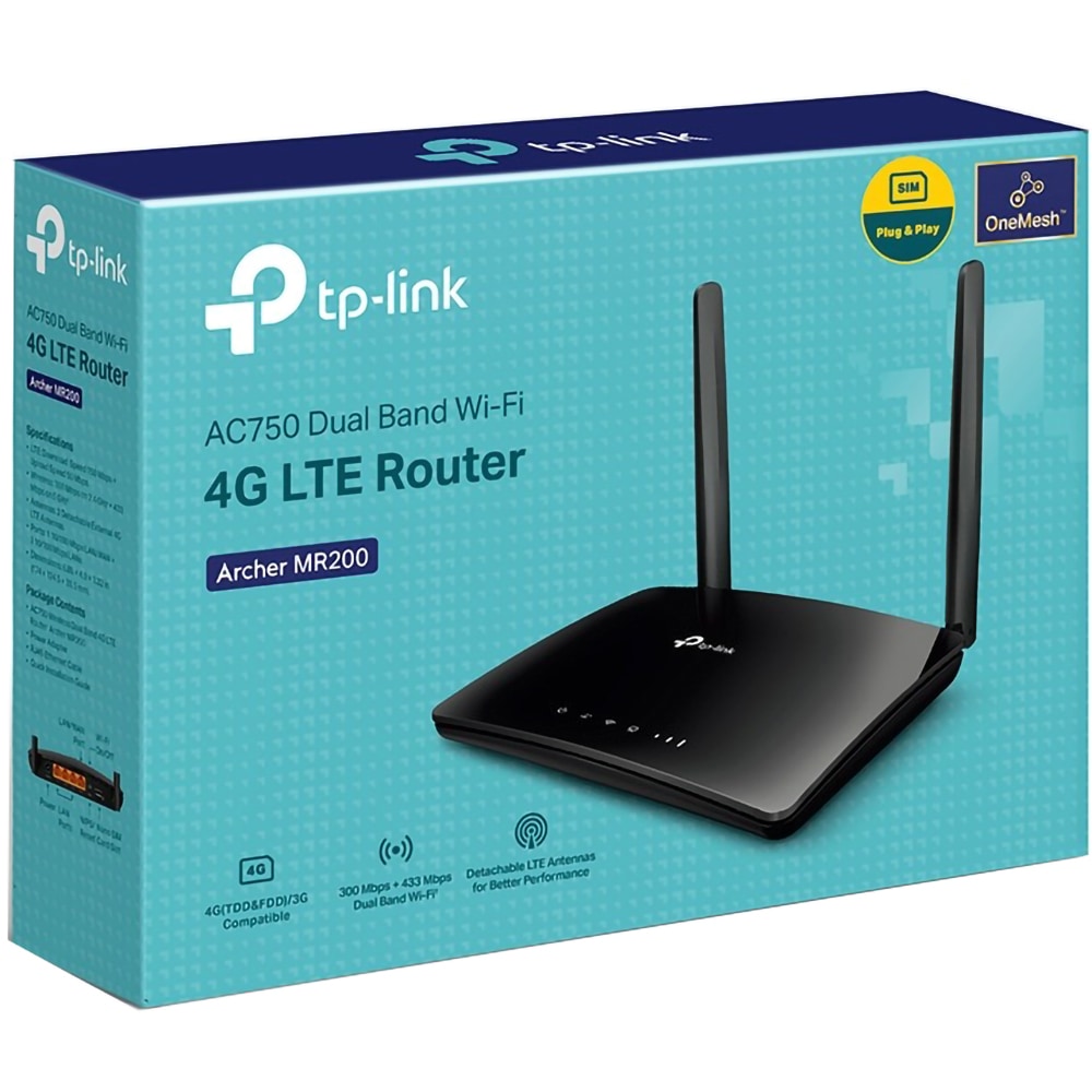 Router Wireless Gigabit TP-LINK Archer MR200 AC750, Dual-Band 300 + 433 Mbps, negru