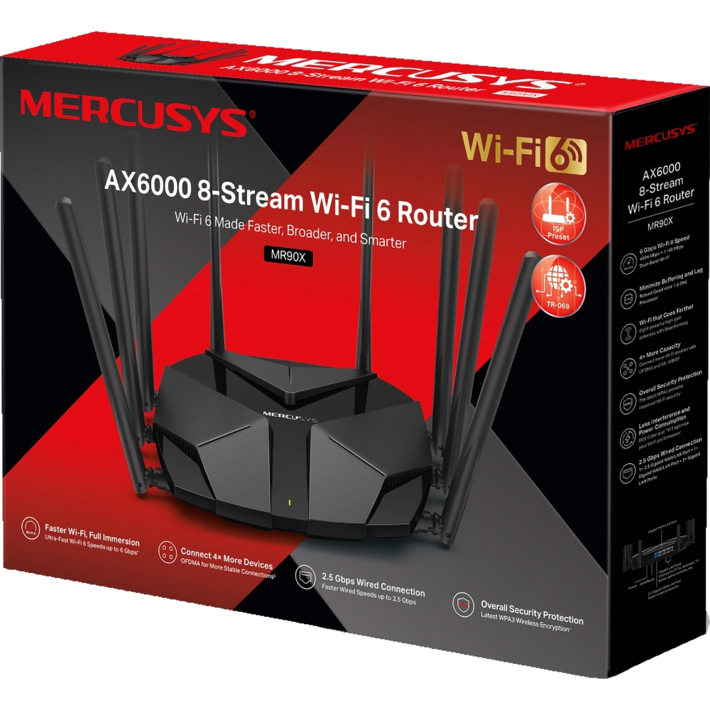 Router Wireless Gigabit MERCUSYS MR90X AX6000, Wi-Fi 6, Dual-Band 1148 + 4804 Mbps, negru Router Wireless Gigabit MERCUSYS MR90X AX6000, Wi-Fi 6, Dual-Band 1148 + 4804 Mbps, negru