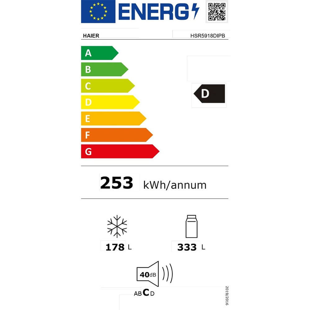 Side by Side HAIER HSR5918DIPB, No Frost, 511 l, H 177 cm, Clasa D, Dozator apa, negru