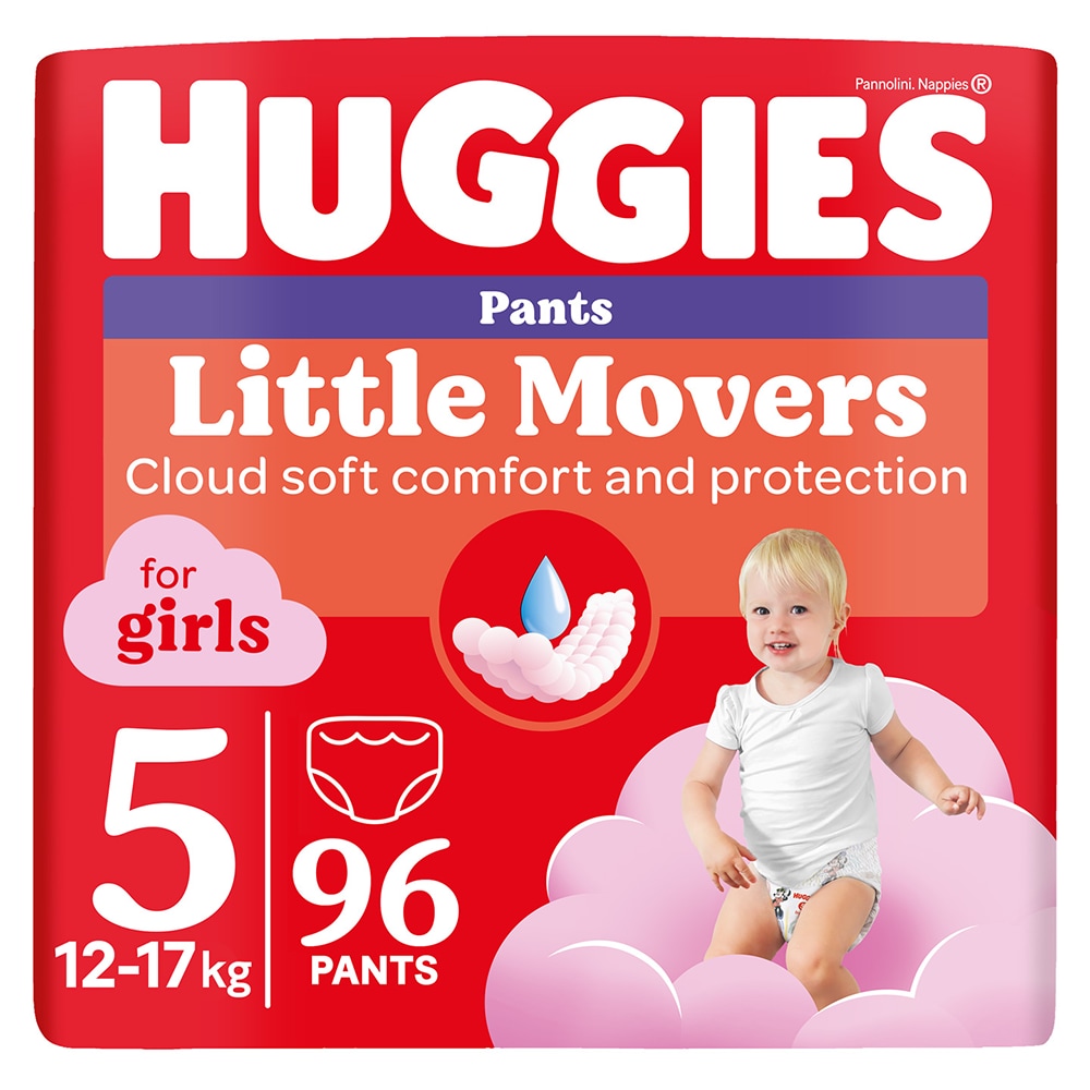 Scutece chilotel HUGGIES Little Movers nr 5, Fata, 12-17 kg, 96 buc