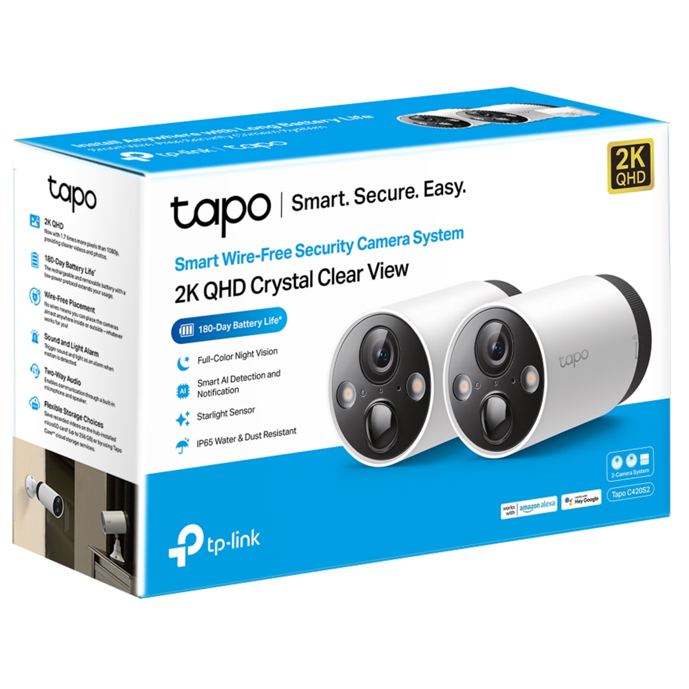 Kit de supraveghere video TP-LINK Tapo C420S2, 2K QHD, IR, NightVision, 2 camere IP Wi-Fi cu acumulatori, alb