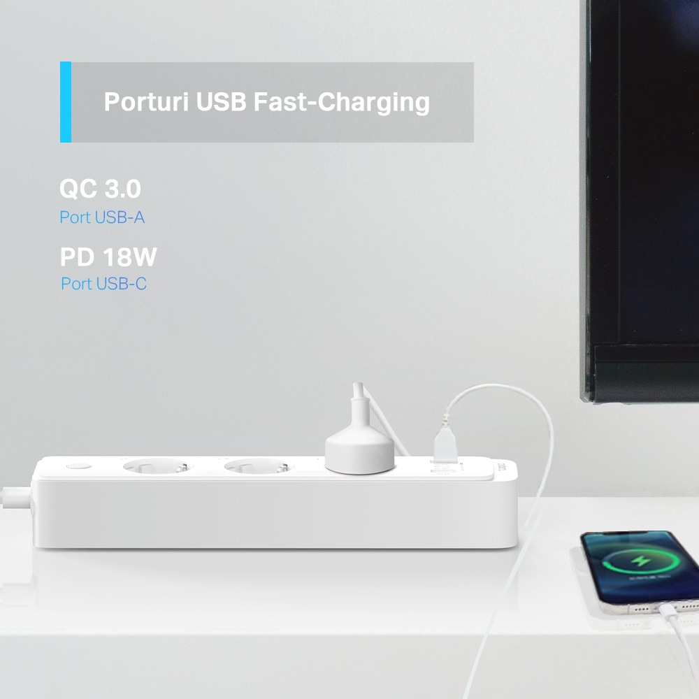 Prelungitor smart cu protectie TP-LINK Tapo P300, 3 prize, 2 x USB-A, 1 x USB-C, alb