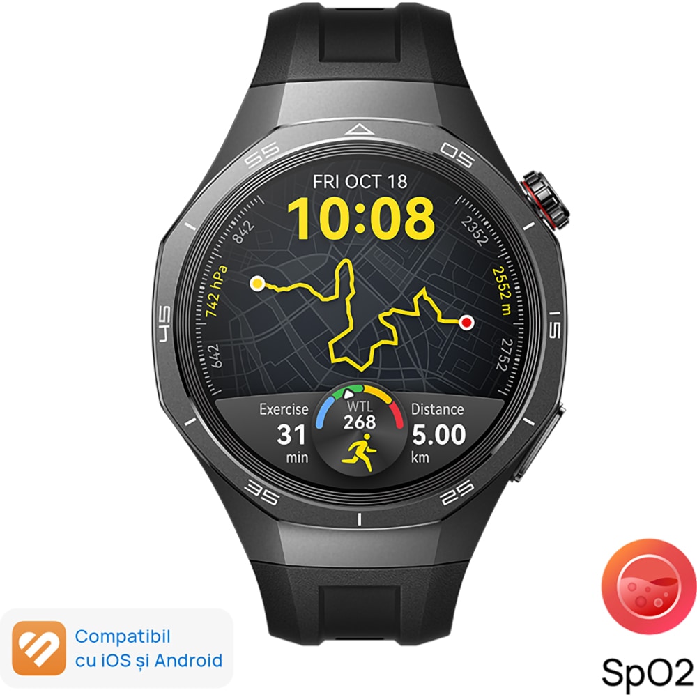 Smartwatch HUAWEI Watch GT 5 Pro 46mm, GPS, Android/iOS, Black Fluoroelastomer Strap