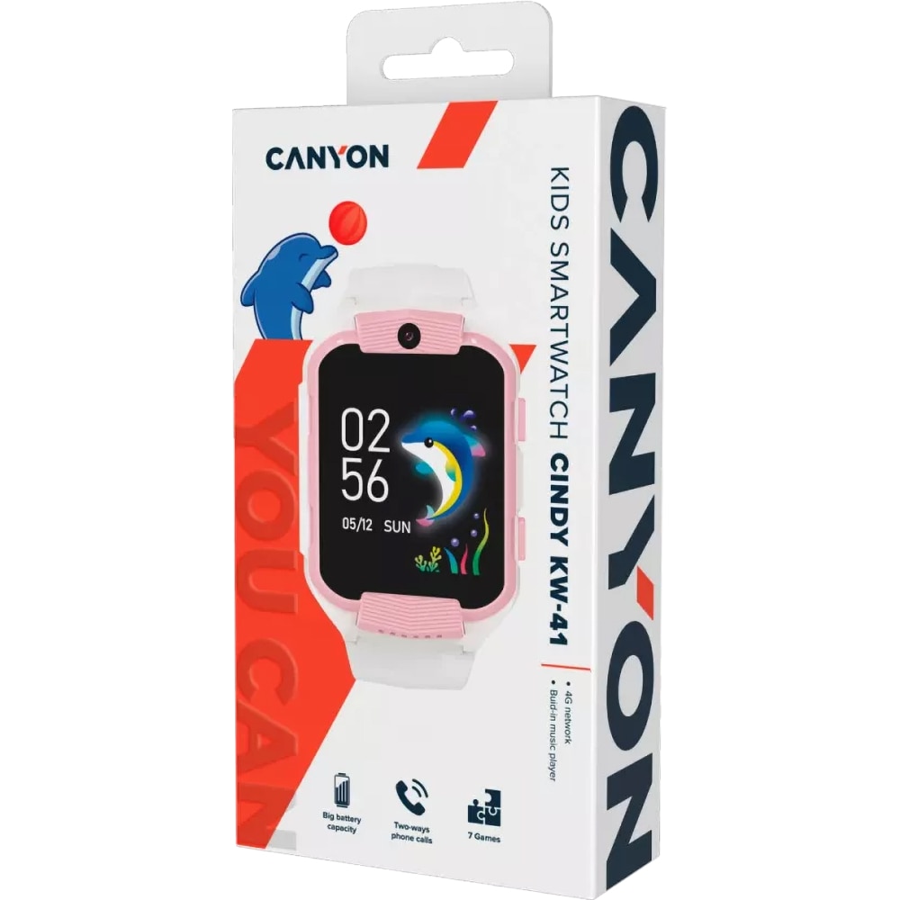 Smartwatch pentru copii CANYON Cindy KW-41, 4G, Android/iOS, silicon, alb-roz