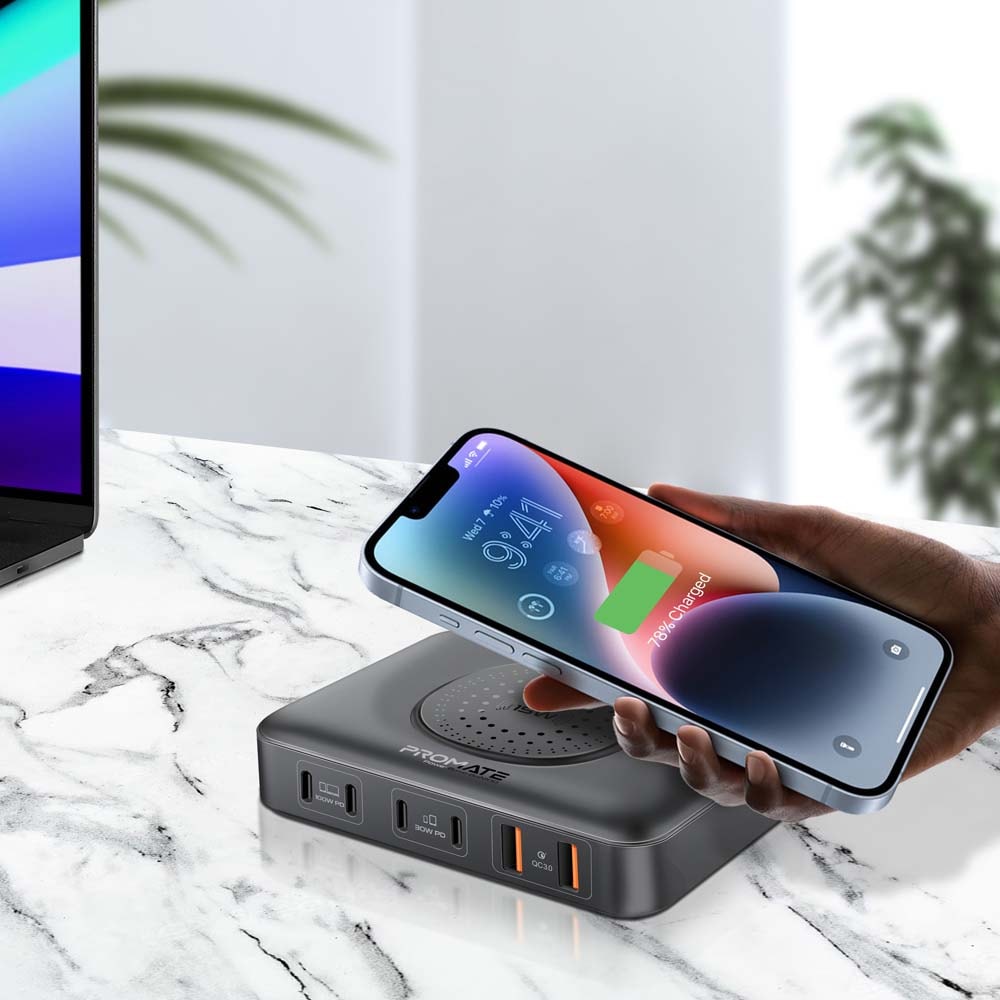 Statie incarcare wireless PROMATE PowerBase-GaN100, 4xUSB-C Power Delivery 30W-100W, 2xUSB-A Quick Charge 30W, Wireless 15W, negru