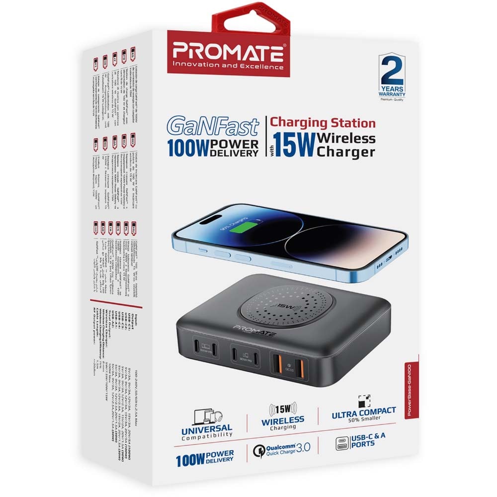 Statie incarcare wireless PROMATE PowerBase-GaN100, 4xUSB-C Power Delivery 30W-100W, 2xUSB-A Quick Charge 30W, Wireless 15W, negru