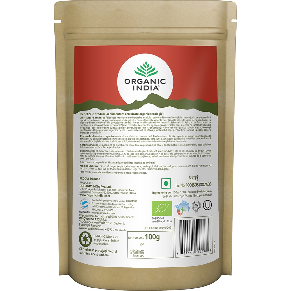 Brahmi Bacopa pulbere tonic memorie, 100 g, ORGANIC INDIA